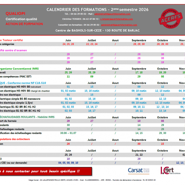 Calendrier Inter Bagnols-Sur-Cèze - 2eme Semestre 2026