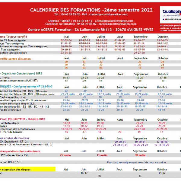 Calendrier des formations - 2ème Semestre 2022 - Aigues-Vives