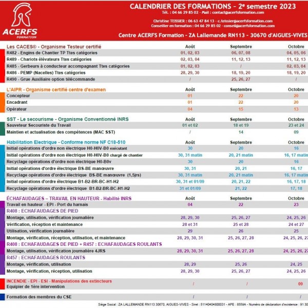 Calendrier Inter Aigues-Vives 2e Semestre 2023