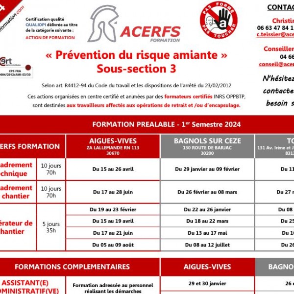 Calendrier Amiante Sous-Section 3 - 2e Semestre 2023