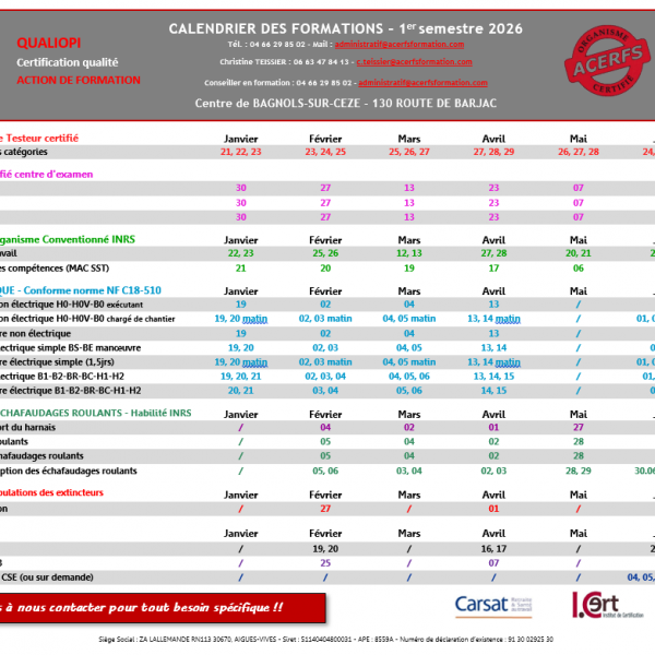 Calendrier Inter Bagnols-Sur-Cèze - 1e Semestre 2026