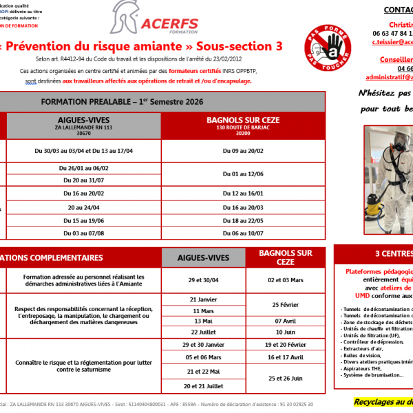 Calendrier Amiante Sous-Section 3 - 1er Semestre 2026