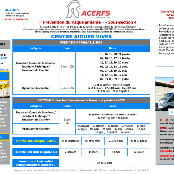 Calendrier Amiante Sous-Section 4 - 1er Semestre 2026
